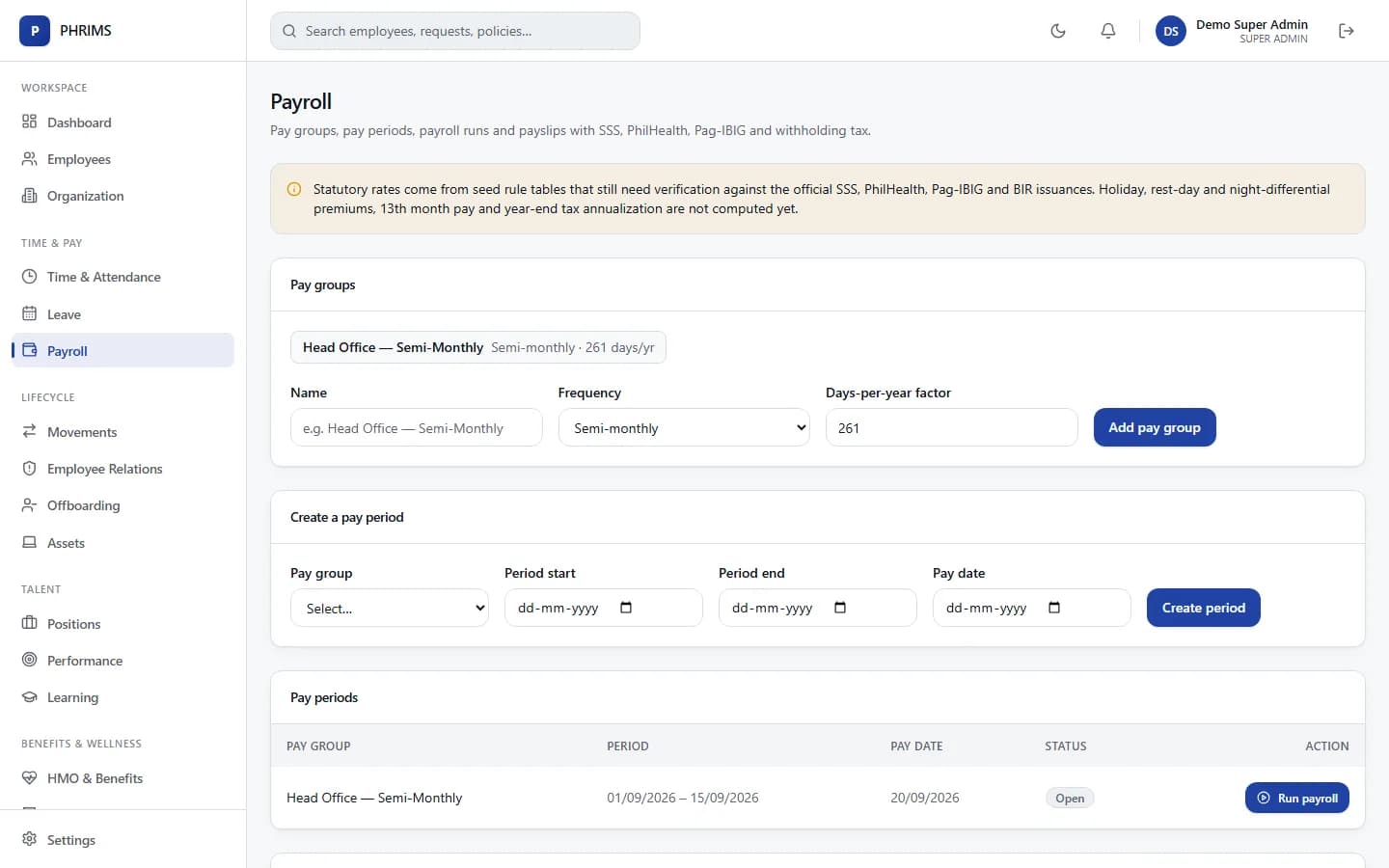 Payroll screen listing pay periods and payroll runs