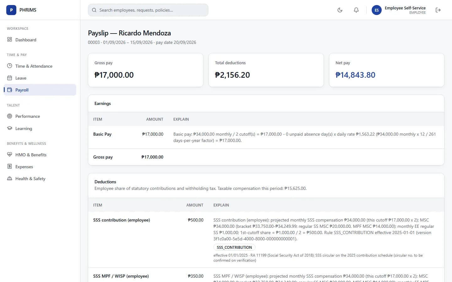 Payslip with SSS, PhilHealth, Pag-IBIG, and tax lines, each explained