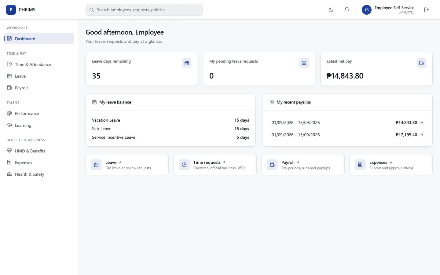 Employee dashboard with leave balances and recent payslips