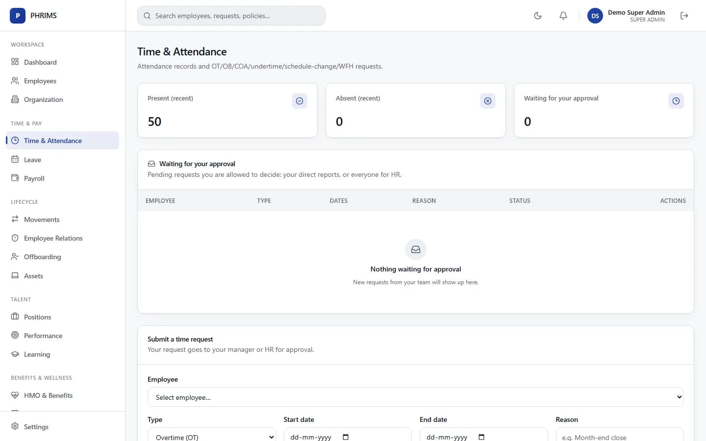 Time and attendance requests awaiting approval